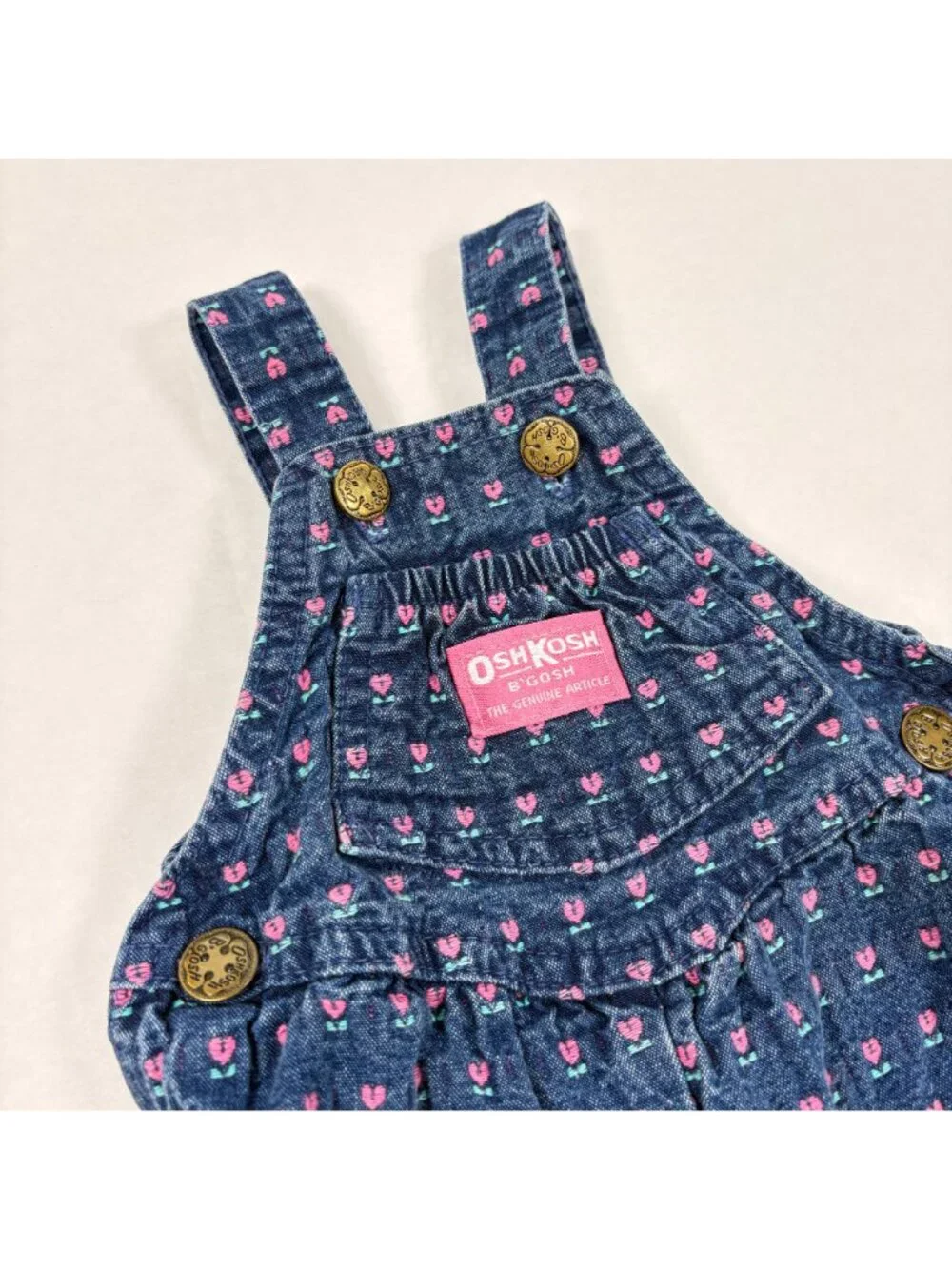 Vintage Oshkosh Baby Girl Tulip Floral Denim Bubble Overalls Romper 6m - 9m